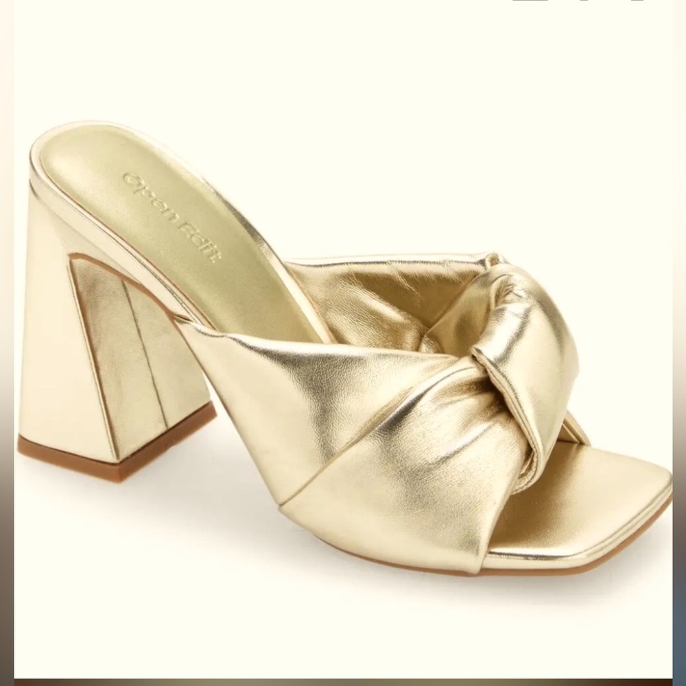 NWOT Open Edit Gold Metallic Women's Knotted Slide In Toe Out Sandals